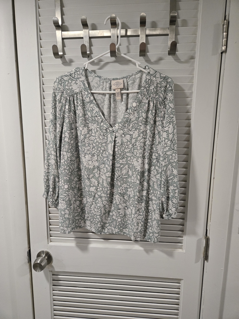 St. John's Bay Sage and White Floral V-Neck Blouse